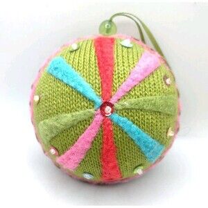 Knit Green Embroidered Multicolor Fabric Bead Pin Christmas Ornament 4" Pink Red